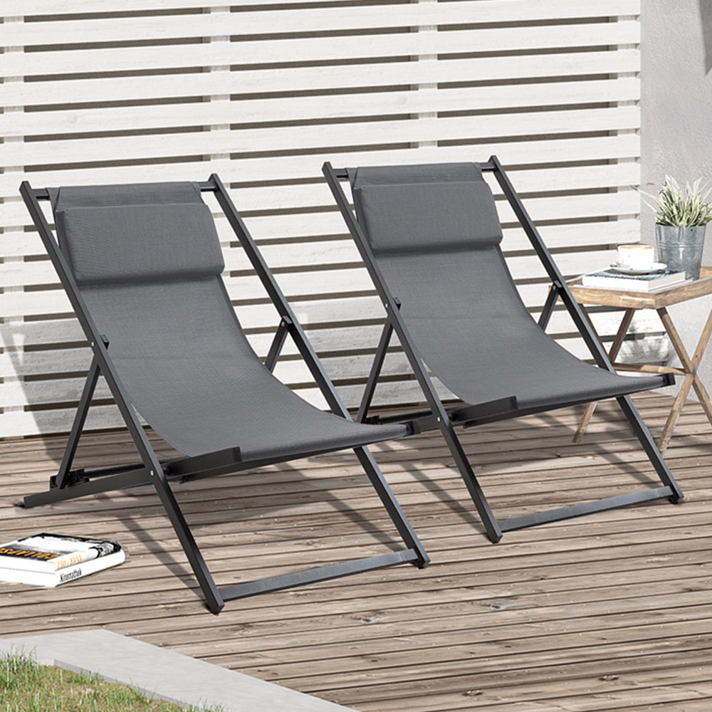 Outsunny Set of 2 Grey Foldable Deck Chairs Image 1