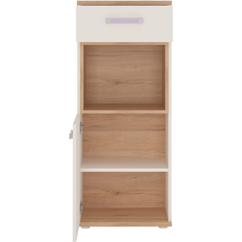 Florence 4KIDS Single Door and Drawer Oak and White Narrow Cabinet with Lilac Handles Image 3