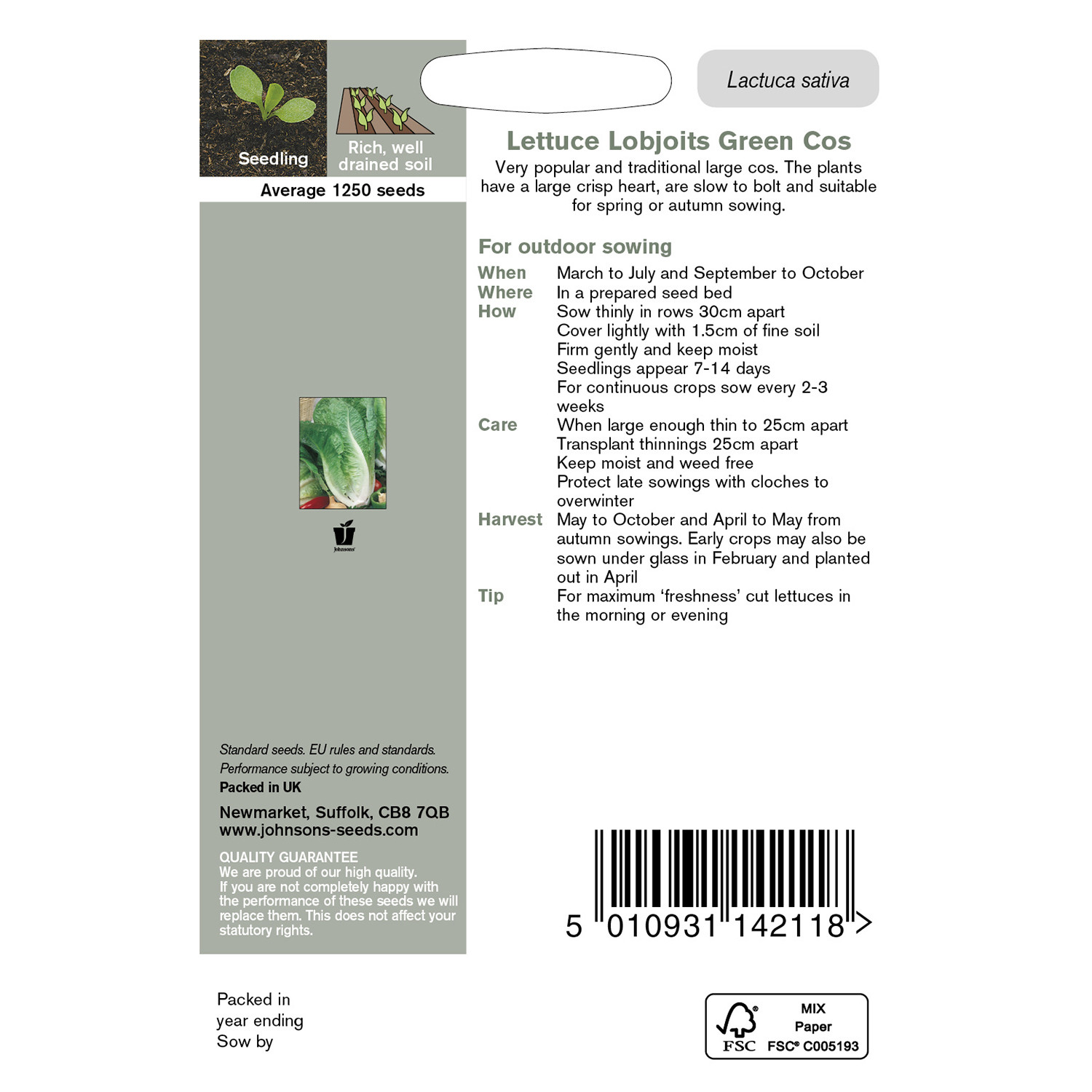 Pack of Lettuce Lobjoits Green Cos Seeds Image 2