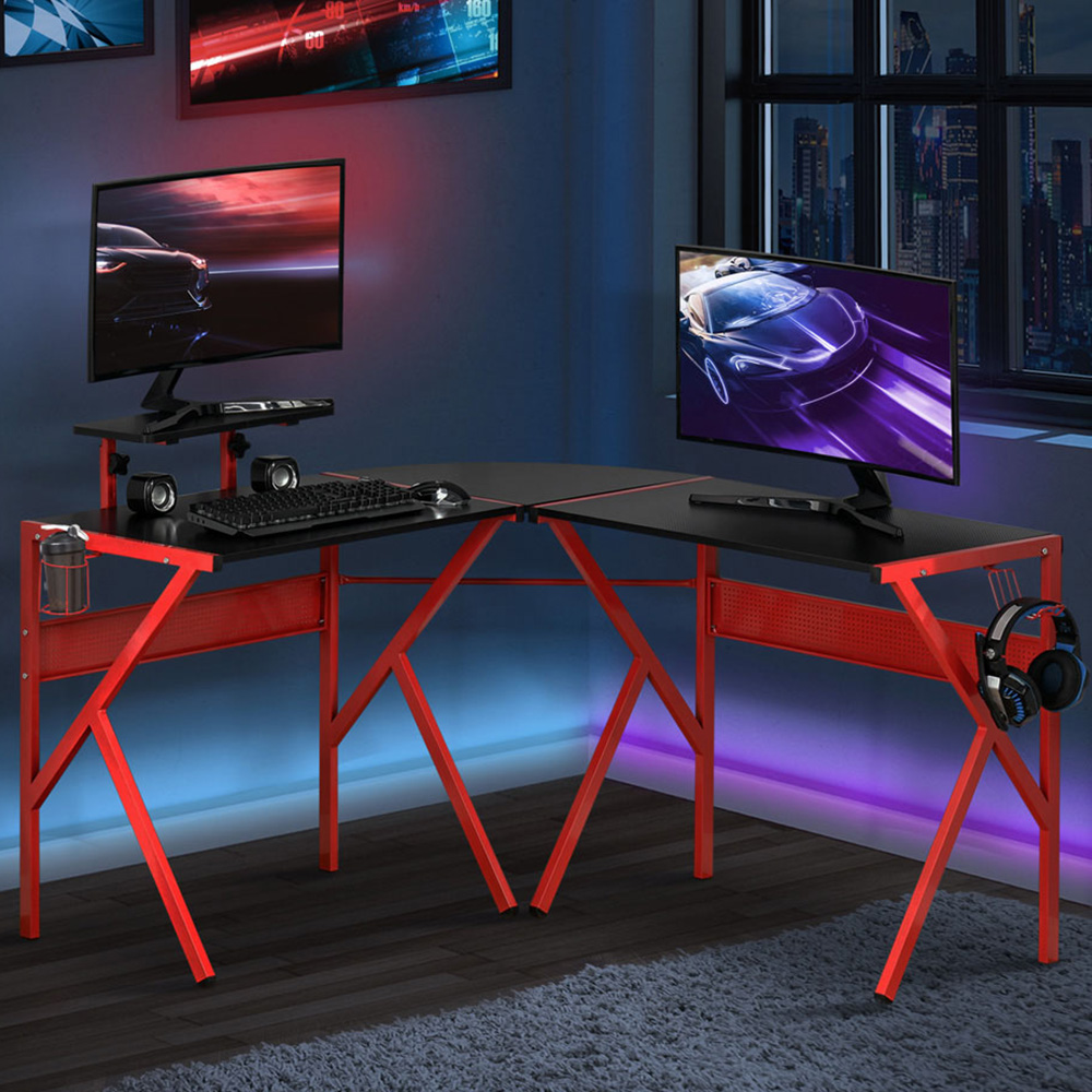 Portland L-Shaped Gaming Desk with Monitor Stand Black and Red Image 1