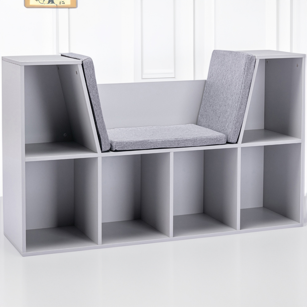 HOMCOM 6 Shelf Grey Kids Bookcase with Cushioned Reading Seat Image 1