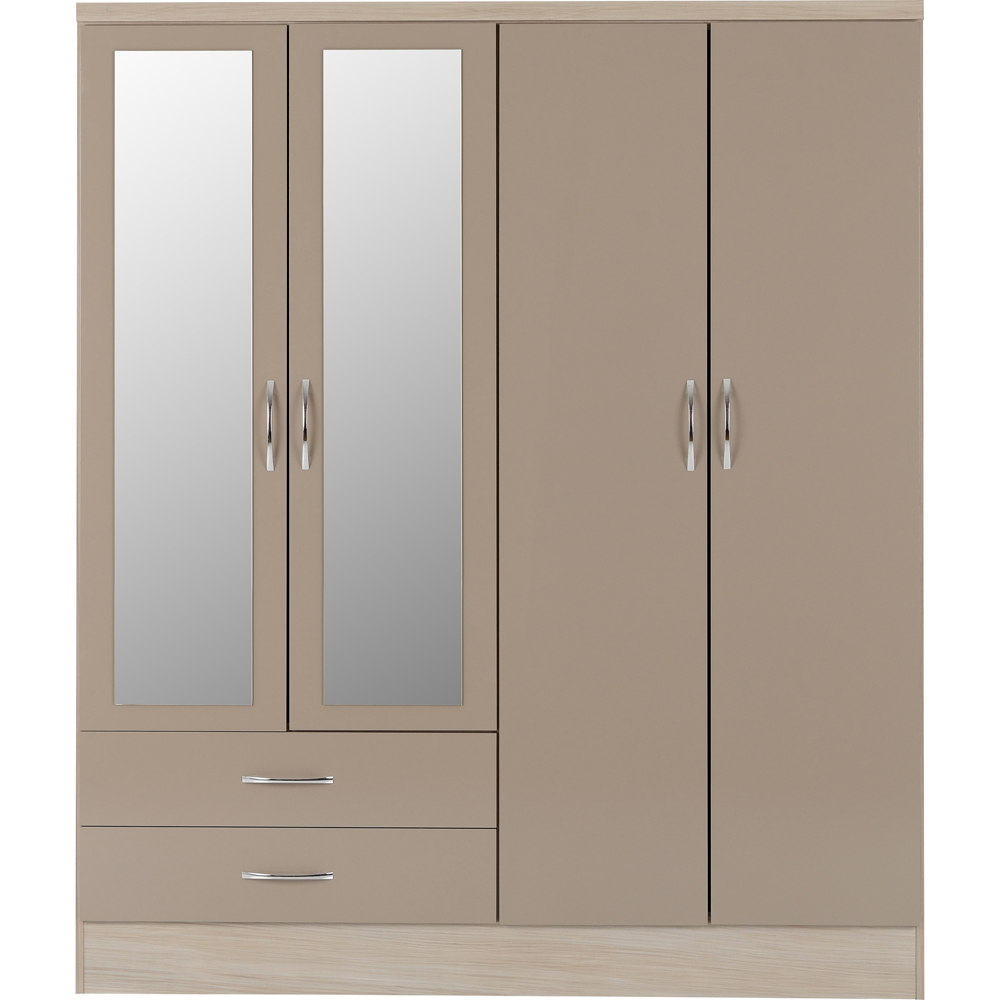 Seconique Nevada 4 Door 2 Drawer Oyster Gloss and Light Oak Veneer Mirrored Wardrobe Image 2