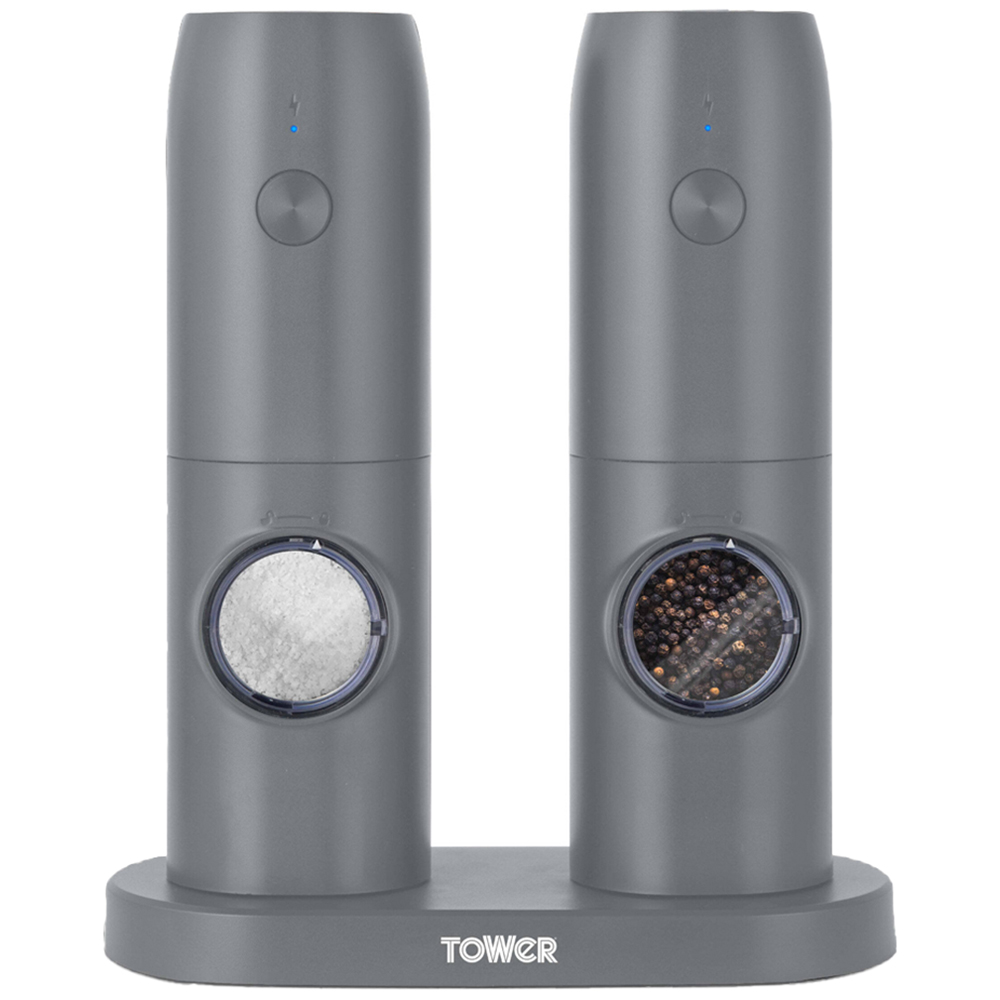Tower 2 Piece Grey Electronic Rechargeable Salt and Pepper Mills Set Image 1