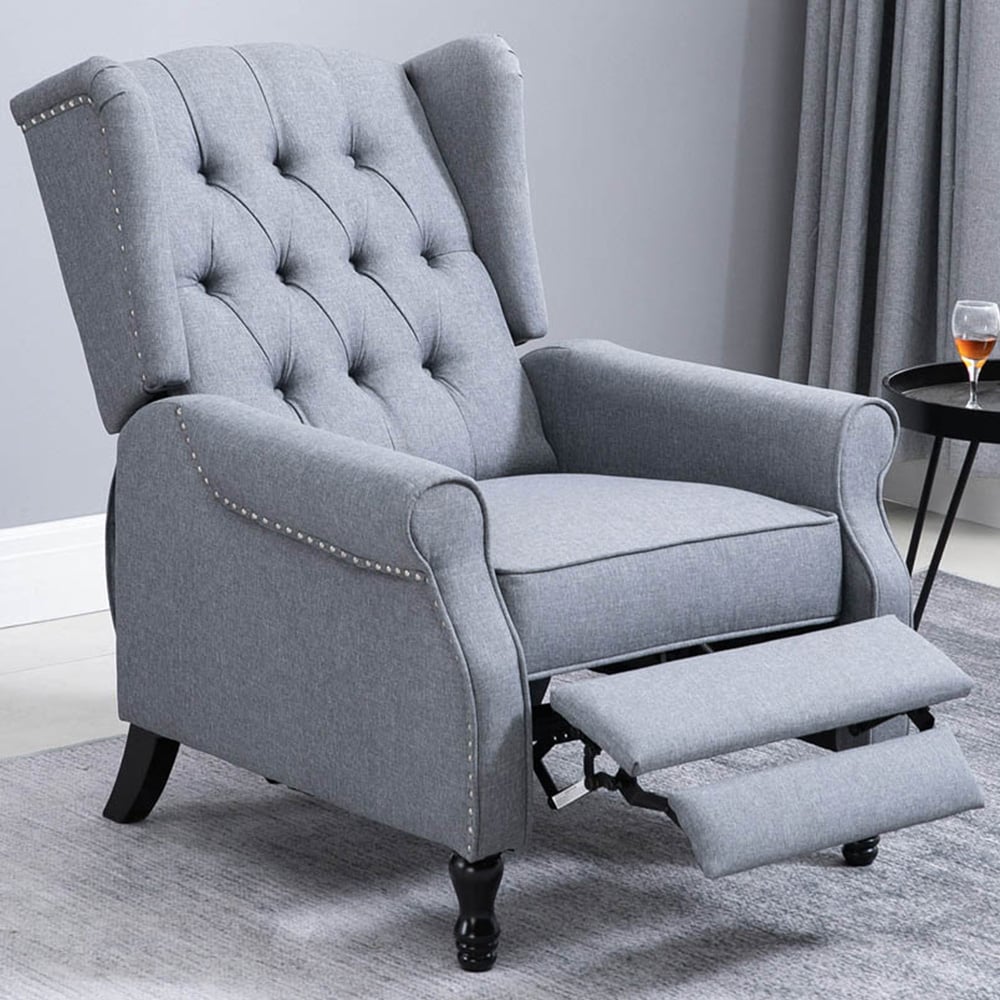 Portland Light Grey Button Tufted Recliner Chair with Footrest Image 1