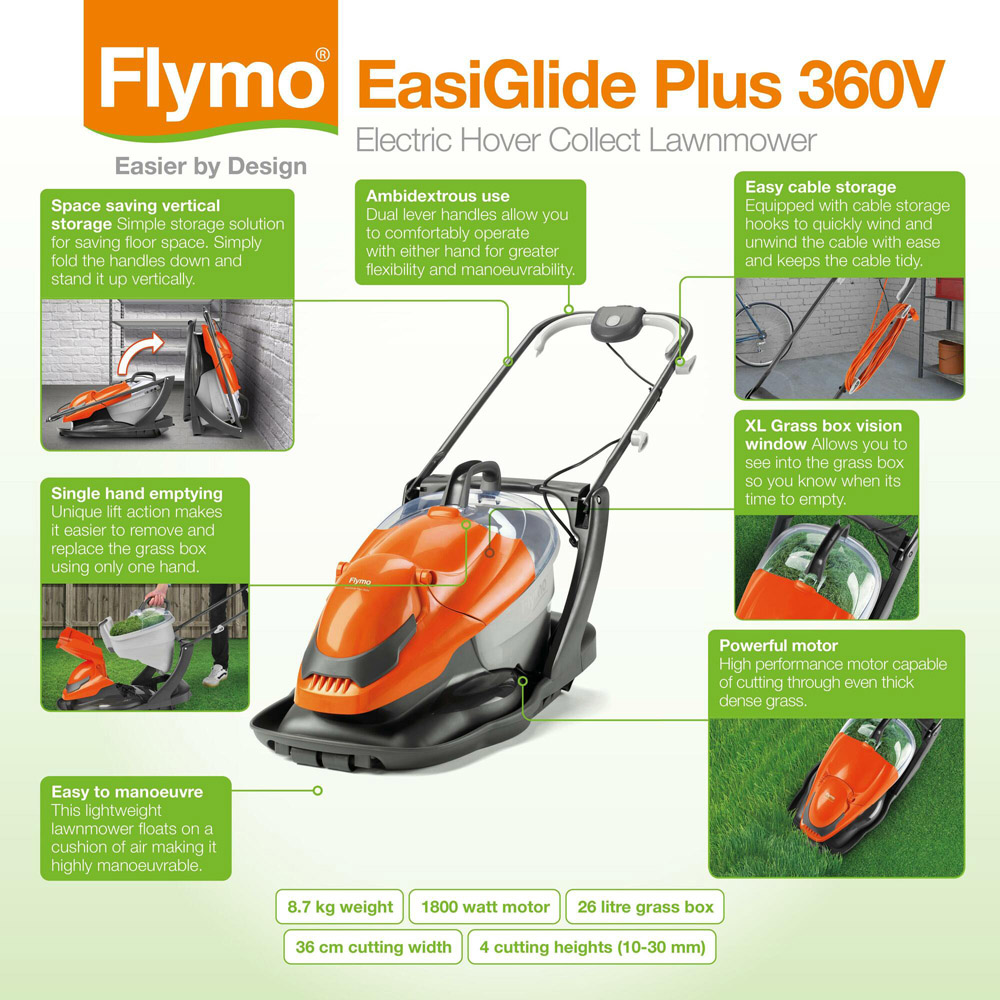 Flymo 9704838-01 1800W EasiGlide Plus 360V 36cm Hover Electric Lawn Mower Image 8