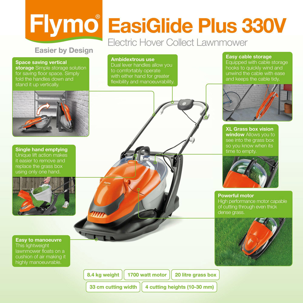 Flymo 9704837-01 1700W EasiGlide Plus 330V 33cm Hover Electric Lawn Mower Image 9