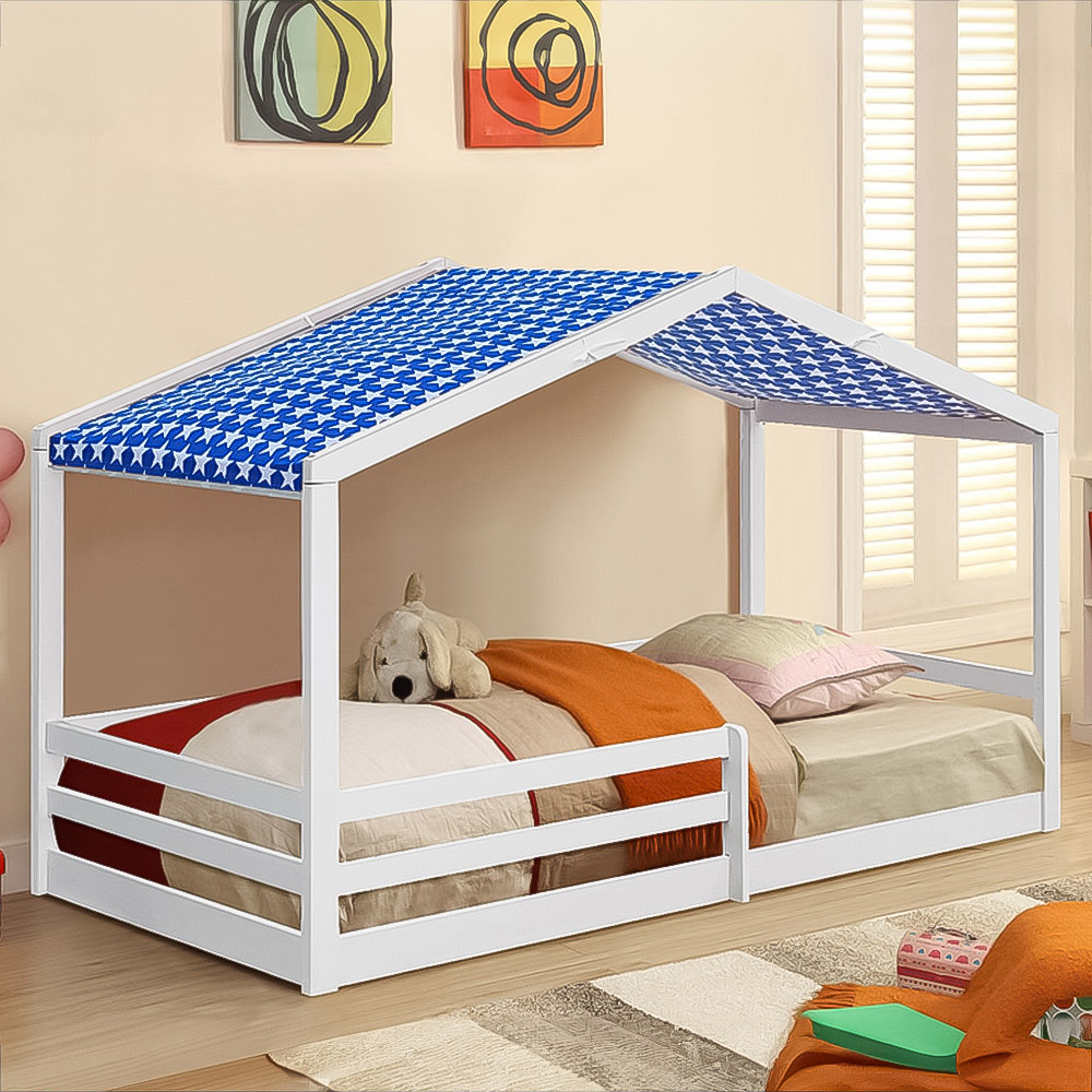 Brooklyn Single White Wooden House Style Bed with Blue Tent Image 1