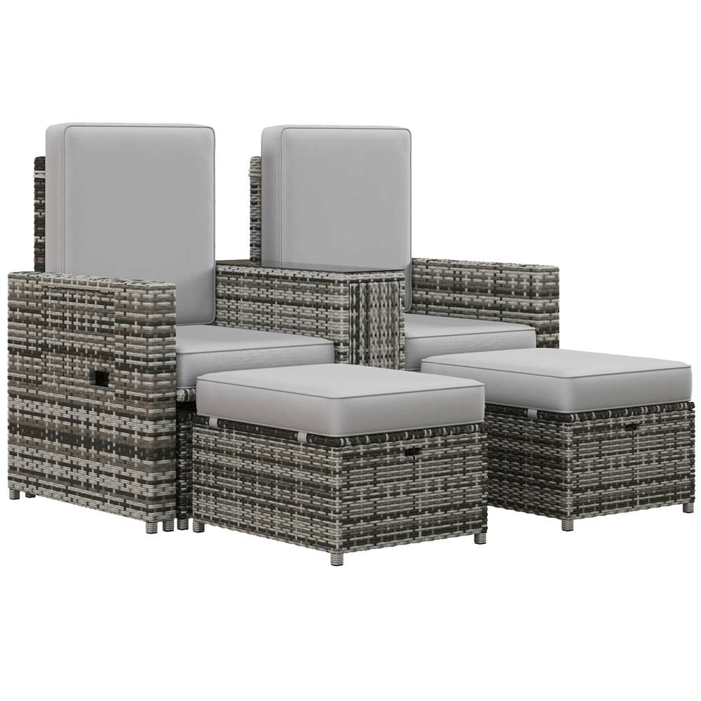 Outsunny Grey Rattan Sun Lounger with Storage Tea Table and Footstools Image 2