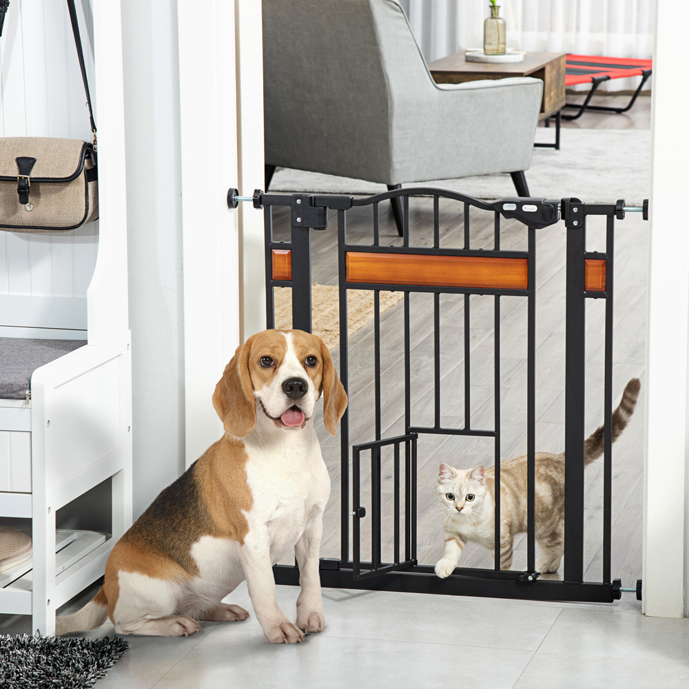 PawHut Black 74-80cm Pine and Metal Pet Safety Gate with Cat Door Image 2