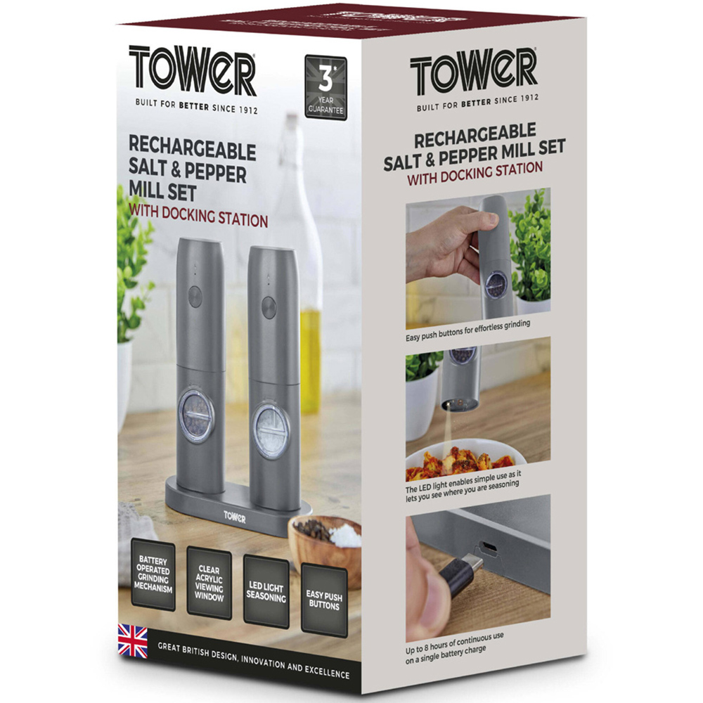 Tower 2 Piece Grey Electronic Rechargeable Salt and Pepper Mills Set Image 2