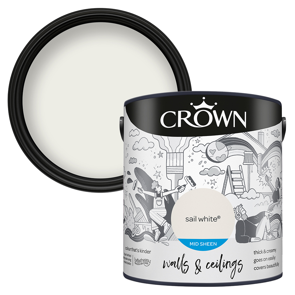 Crown Walls & Ceilings Sail White Mid Sheen Emulsion Paint 2.5L Image 1