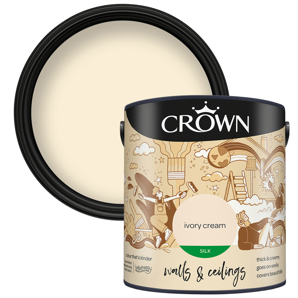 Crown Breatheasy Walls & Ceilings Ivory Cream Silk Emulsion Paint 2.5L Image 1