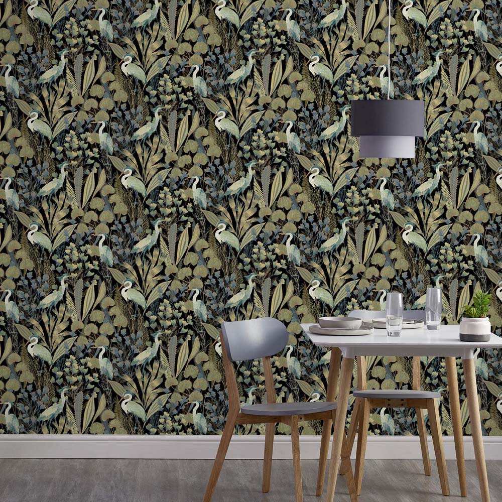 Grandeco Tropical Crane Black Textured Wallpaper Image 3