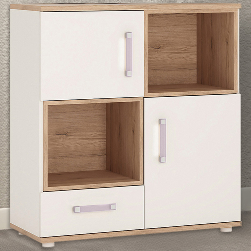 Florence 4KIDS 2 Door 2 Shelf Oak and White Cupboard with Lilac Handles Image 1