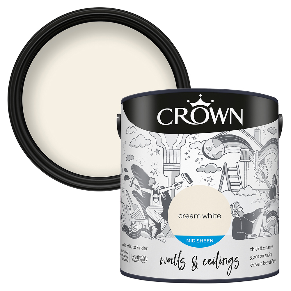 Crown Walls & Ceilings Cream White Mid Sheen Emulsion Paint 2.5L Image 1