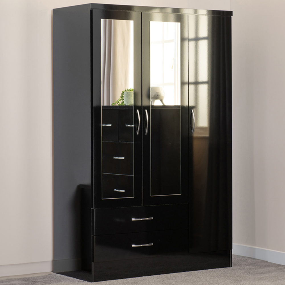 Seconique Nevada 3 Door 2 Drawer Black Gloss Mirrored Wardrobe Image 1