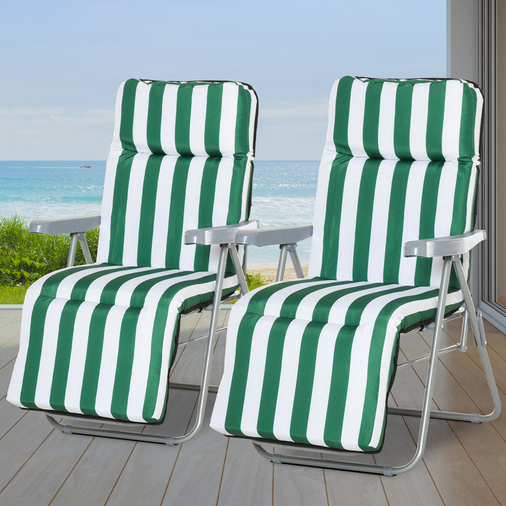 Outsunny Set of 2 Green and White Folding Recliner Chair Image 1