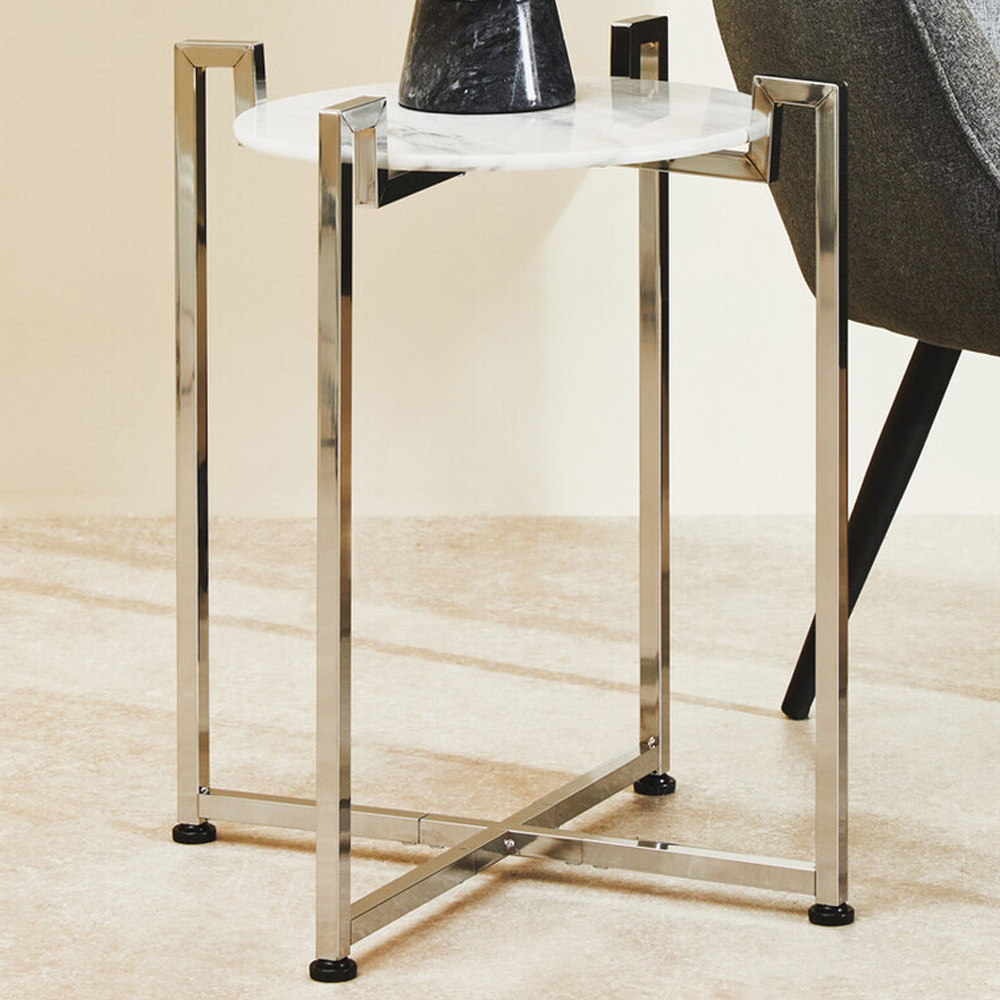 Premier Housewares White Marble Side Table with Chrome Base Image 1