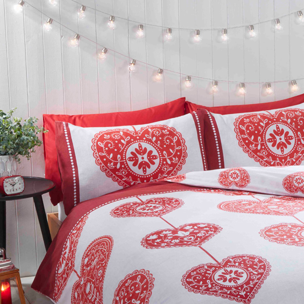 Rapport Home Scandi Heart Double Red Brushed Cotton Reversible Duvet Set Image 2