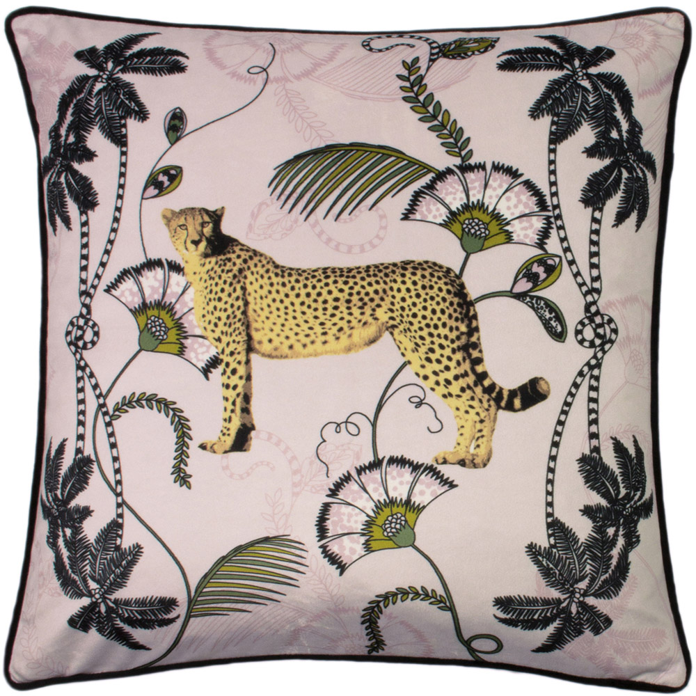 Paoletti Blush Tropical Cheetah Velvet Touch Piped Cushion Image 1