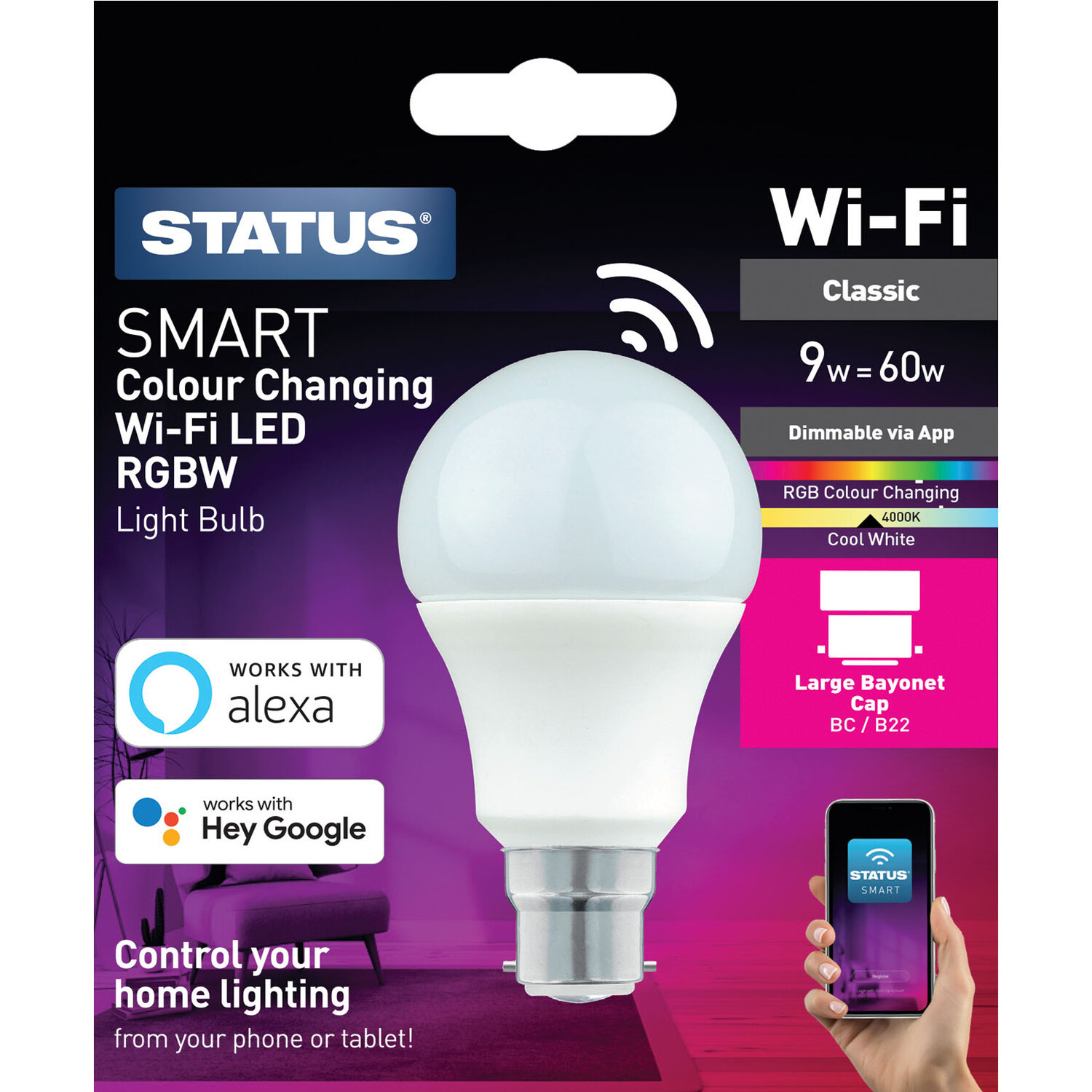 9w Smart GLS Dim Wi-Fi LED BC RGBW Bulb Image 1