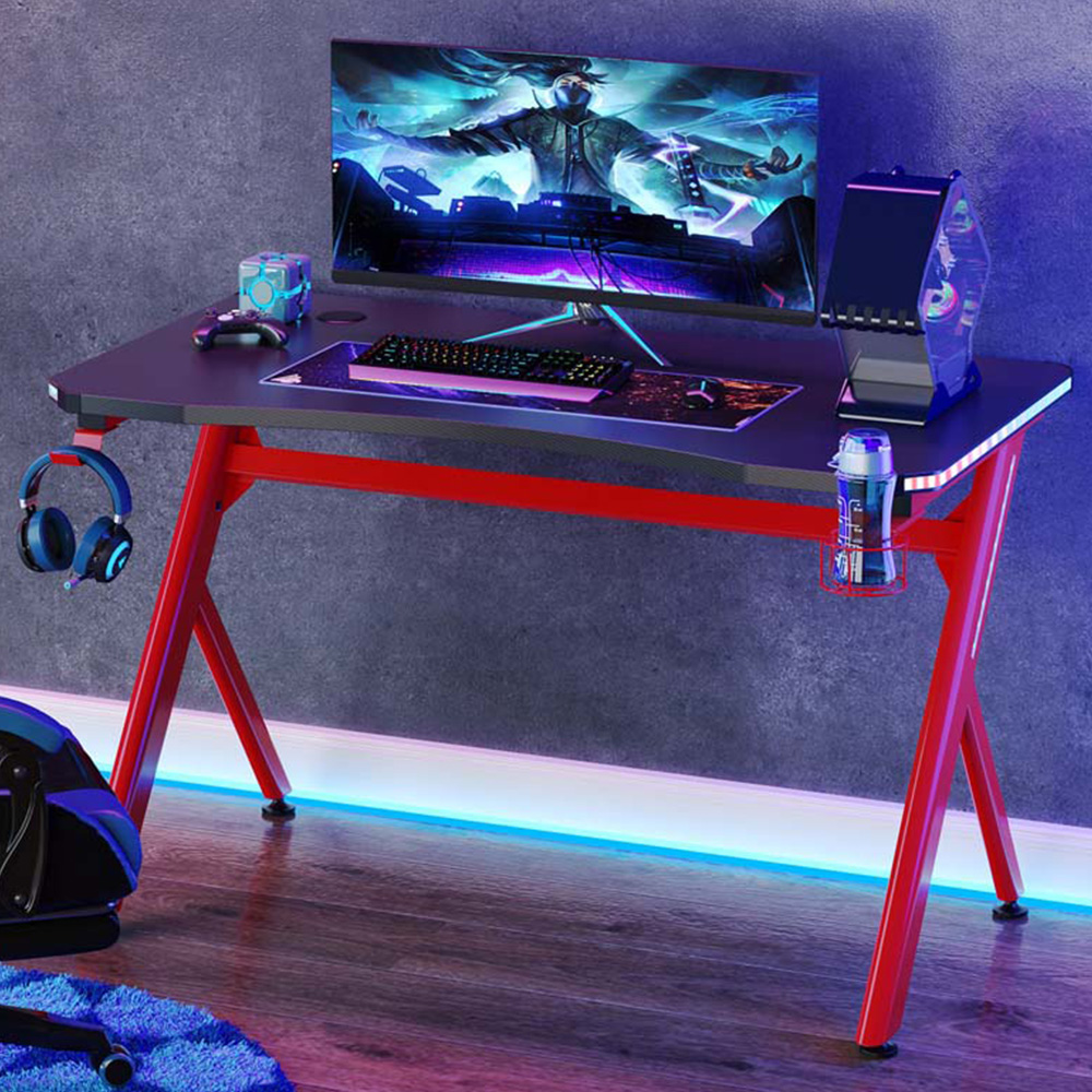 Portland LED Gaming Desk with Cup Holder Black and Red Image 1