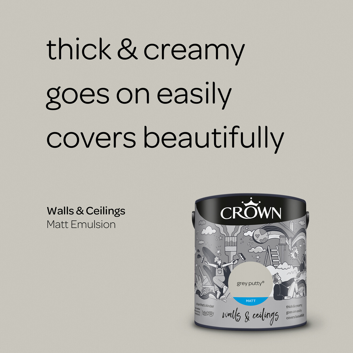 Crown Wall and Ceilings Grey Putty Matt Emulsion 2.5L Image 9