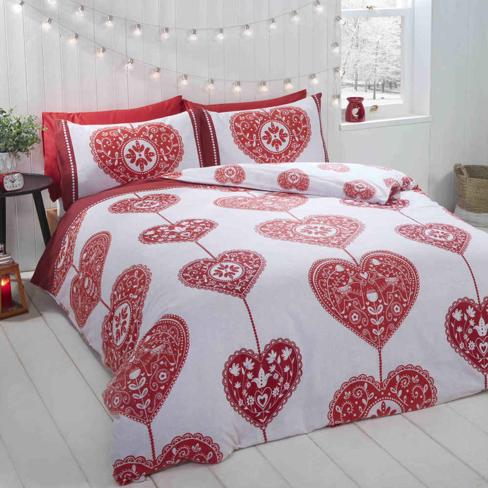 Rapport Home Scandi Heart King Size Red Brushed Cotton Reversible Duvet Set Image 1