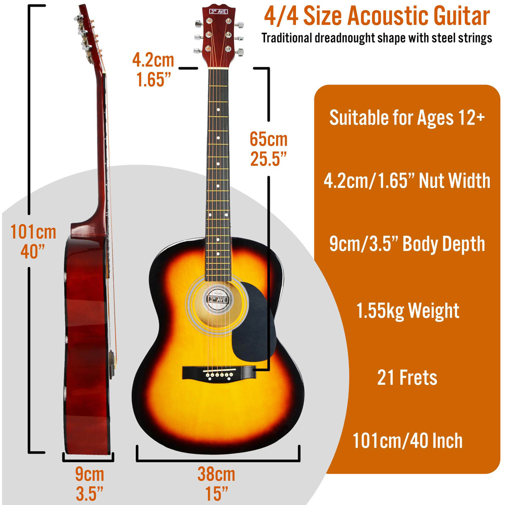 3rd Avenue Sunburst Full Size Acoustic Guitar Set Image 6