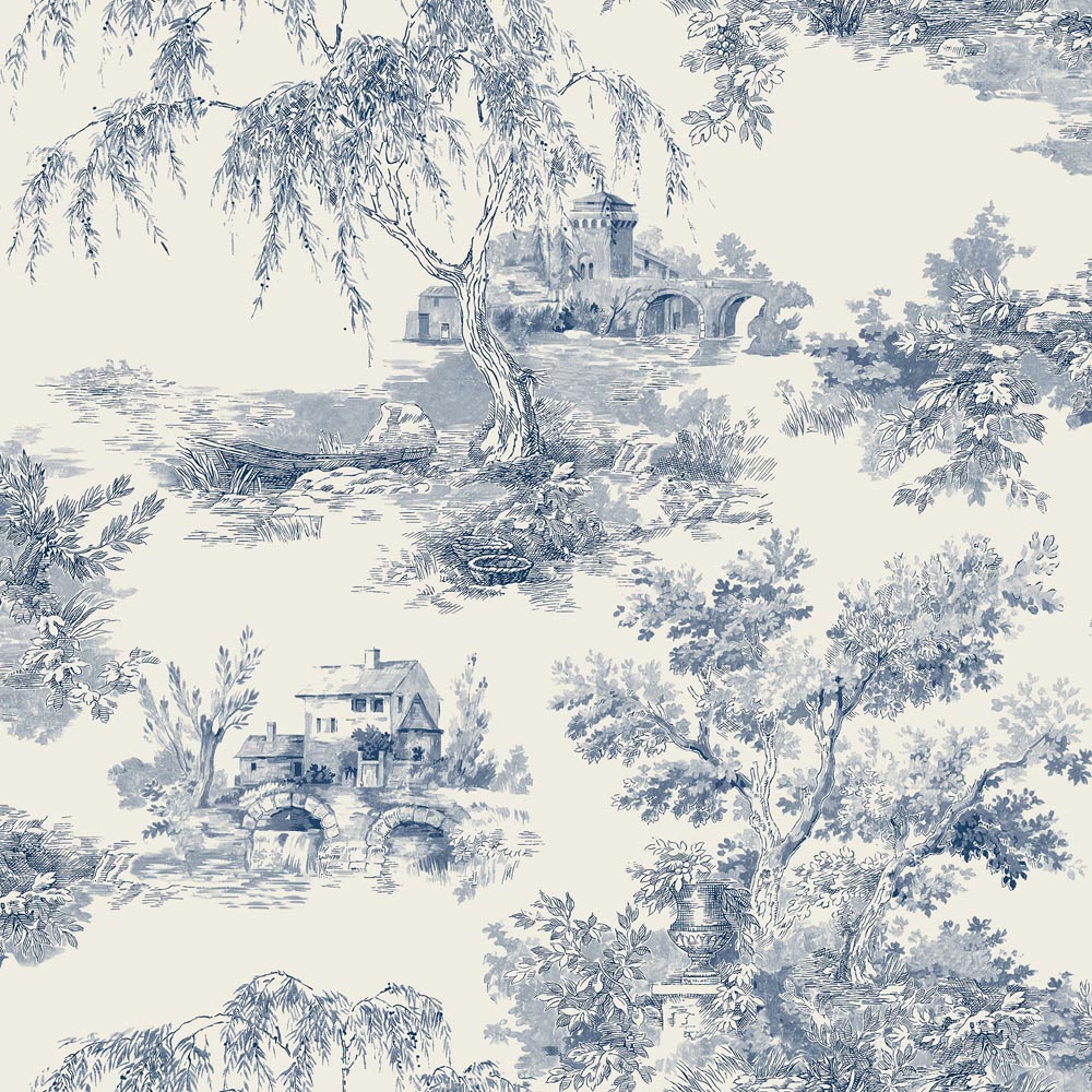 Grandeco French Vintage Toile Trees Blue Wallpaper Image 1