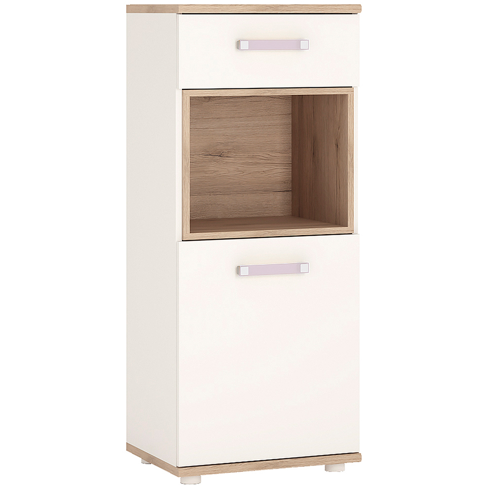 Florence 4KIDS Single Door and Drawer Oak and White Narrow Cabinet with Lilac Handles Image 2