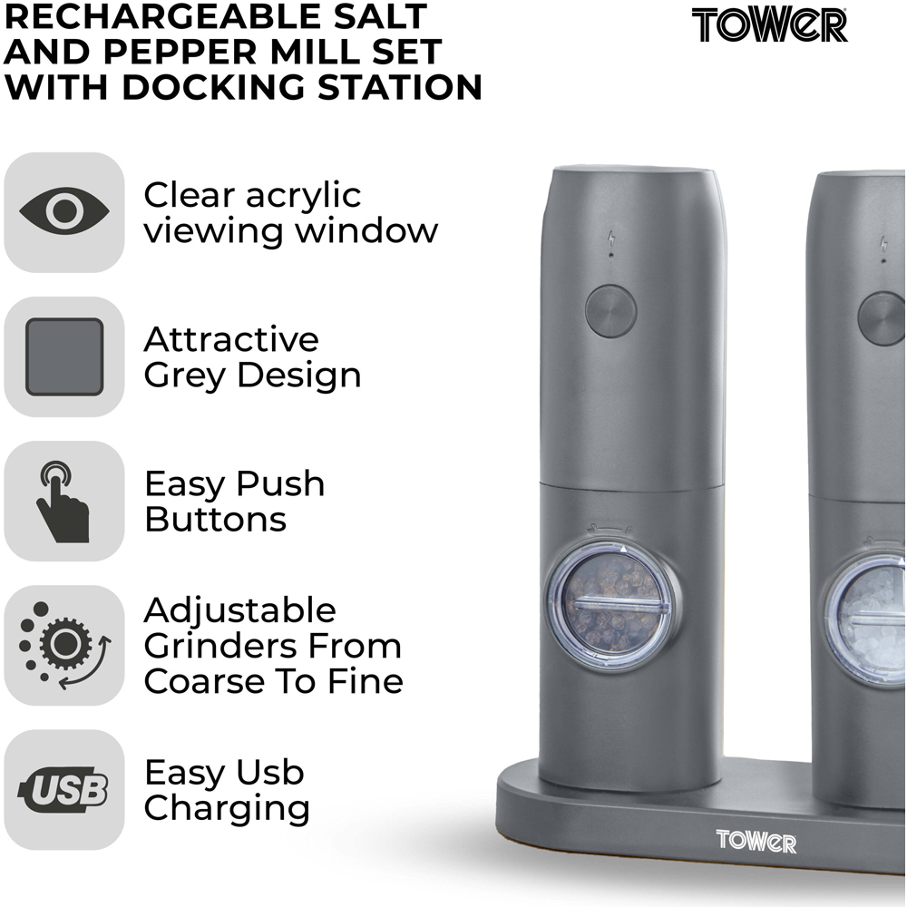 Tower 2 Piece Grey Electronic Rechargeable Salt and Pepper Mills Set Image 7