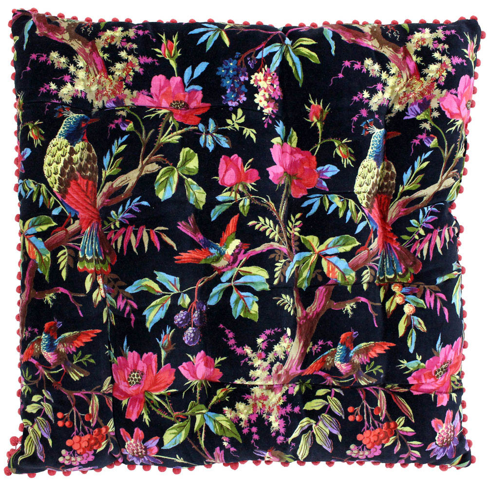 Paoletti Paradise Black Velvet Pom-Pom Floor Cushion Image 1