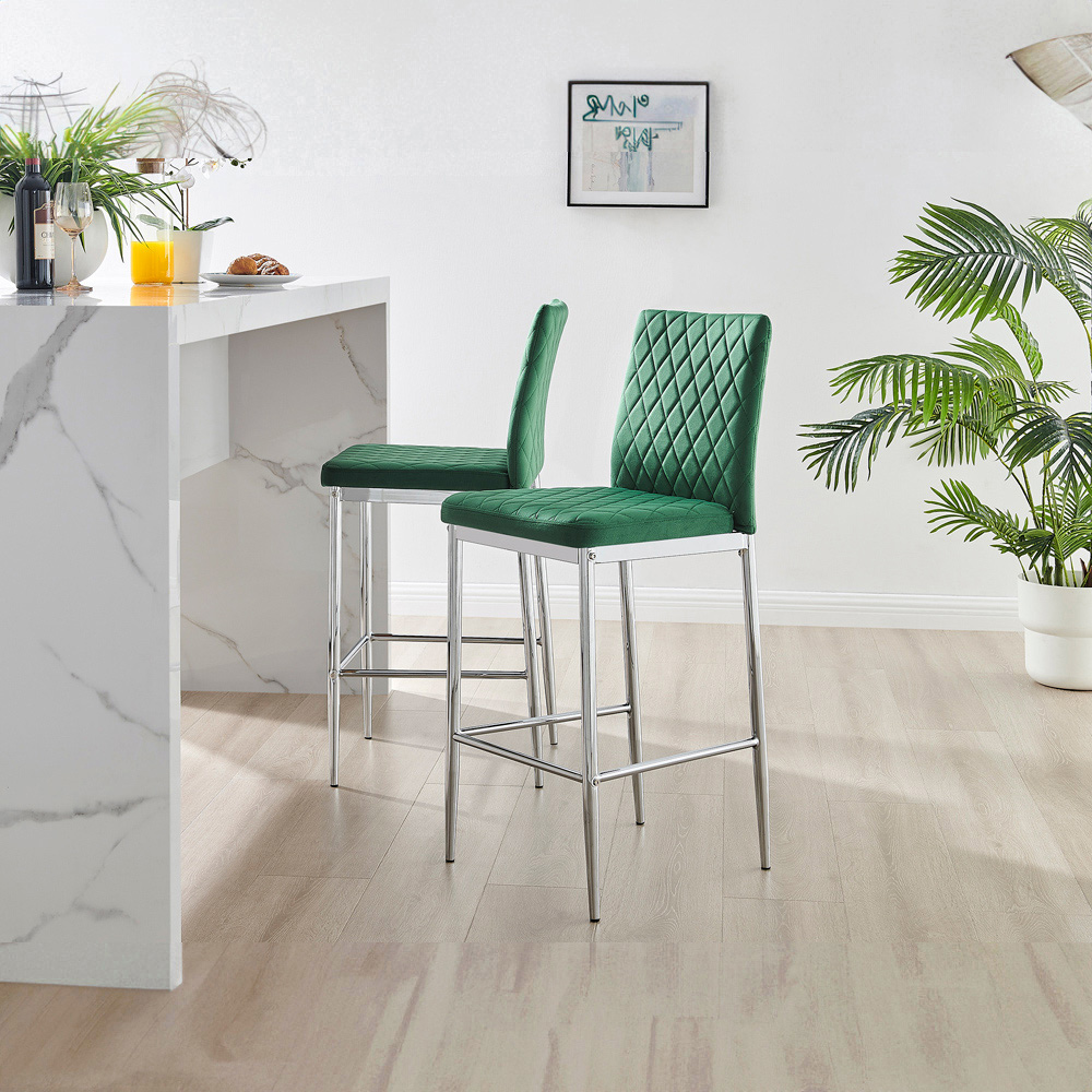 Furniturebox Modern Valera Green and Silver Velvet Bar Stool Set of 2 Image 7