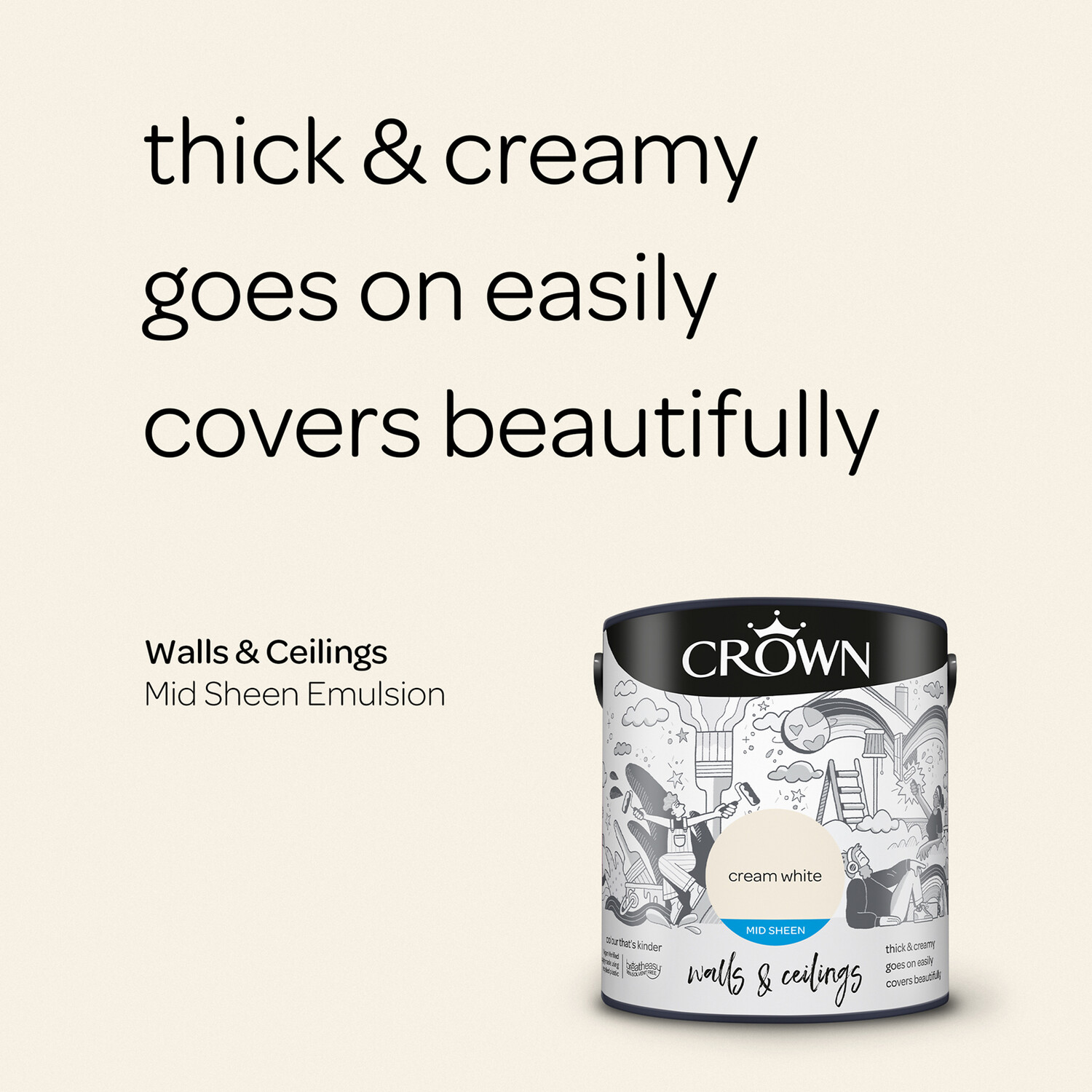 Crown Walls & Ceilings Cream White Mid Sheen Emulsion Paint 2.5L Image 8