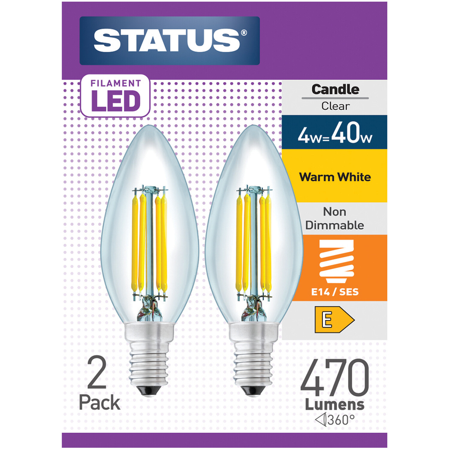 Status 2 Pack E14/SES Filament LED 4W Candle Light Bulb Image 1