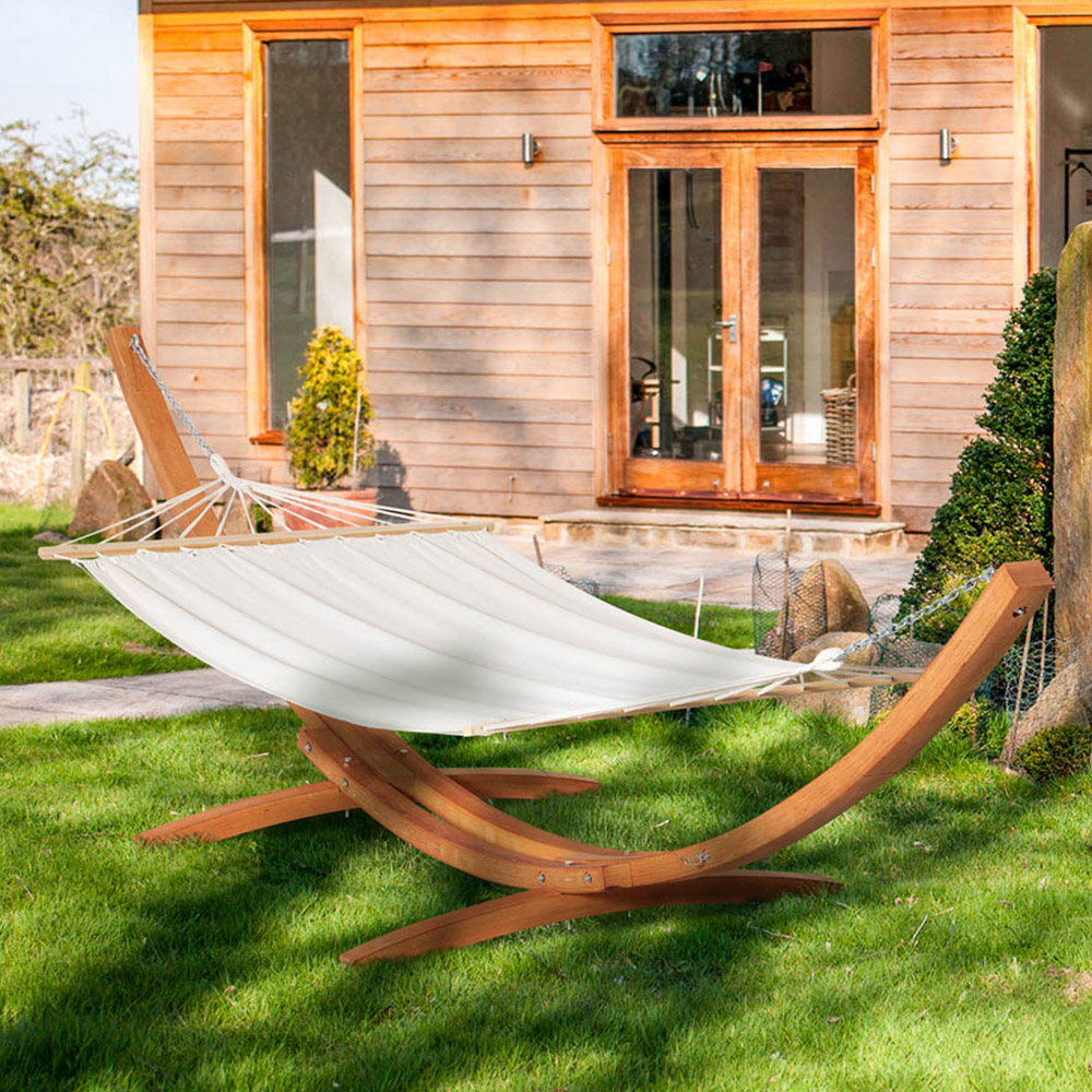 Outsunny White Hammock with Wooden Stand Image 1