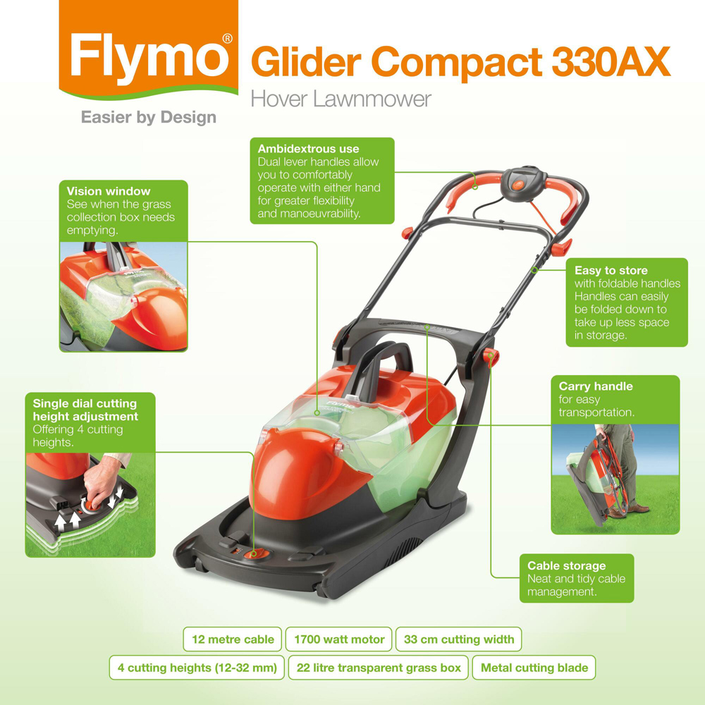 Flymo 9670908-04 1700W Glider Compact 330AX 33cm Hover Electric Lawn Mower Image 4