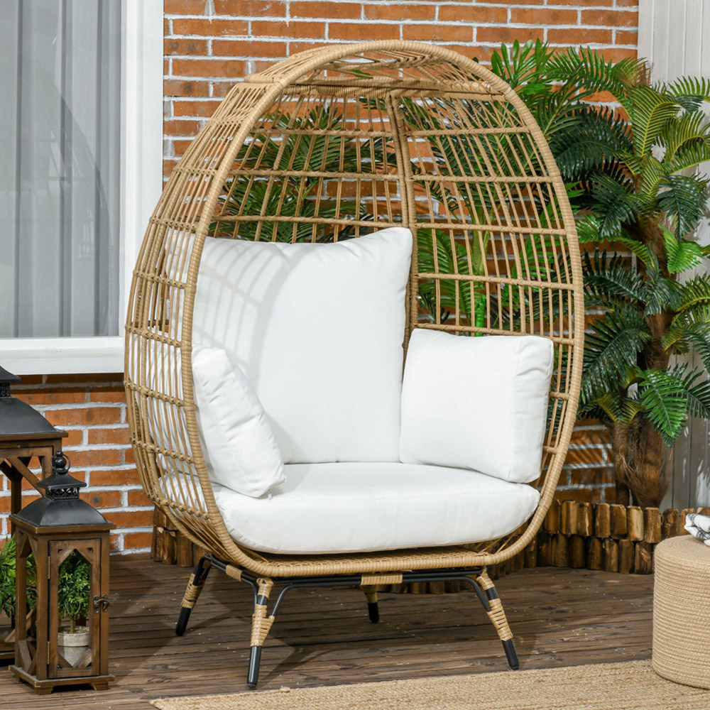 Outsunny Khaki Rattan Outdoor Egg Chair with Cushion Image 1