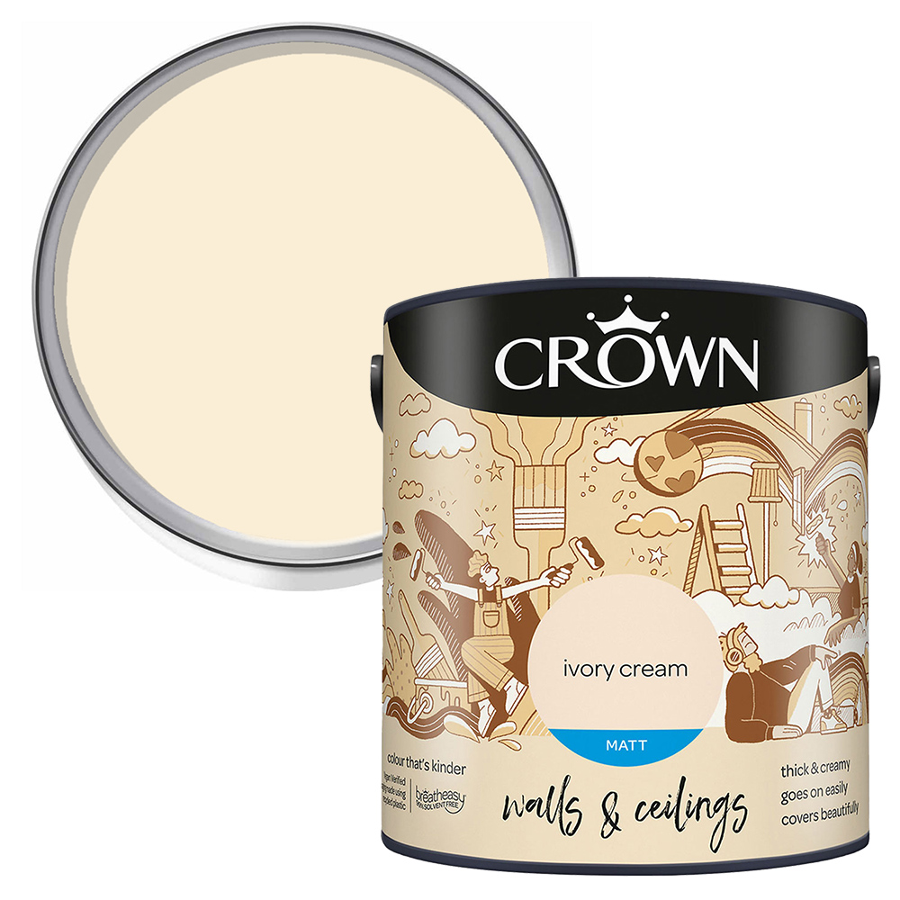 Crown Breatheasy Walls & Ceilings Ivory Cream Matt Emulsion Paint 2.5L Image 1