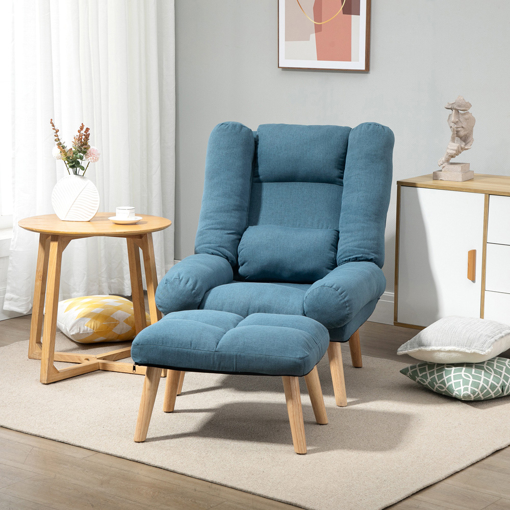 Portland Blue Linen Manual Recliner Chair with Footstool Image 8