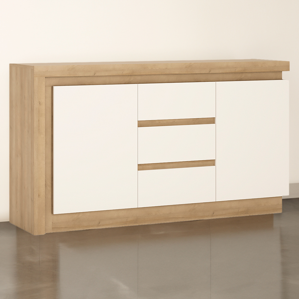 Florence Lyon 2 Door 3 Drawer Riviera Oak and White Sideboard with LED Lighting Image 1