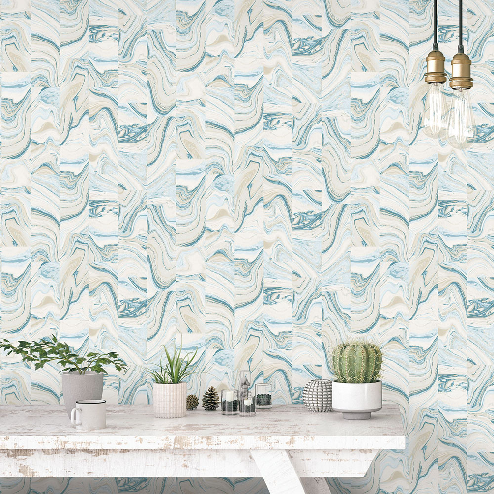Galerie Organic Textures Agate Marble Tile Cream Turquoise Wallpaper Image 2
