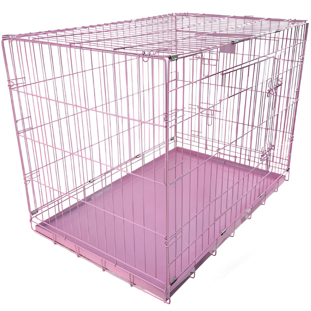 HugglePets Large Pink Dog Cage with Metal Tray 91cm Image 1