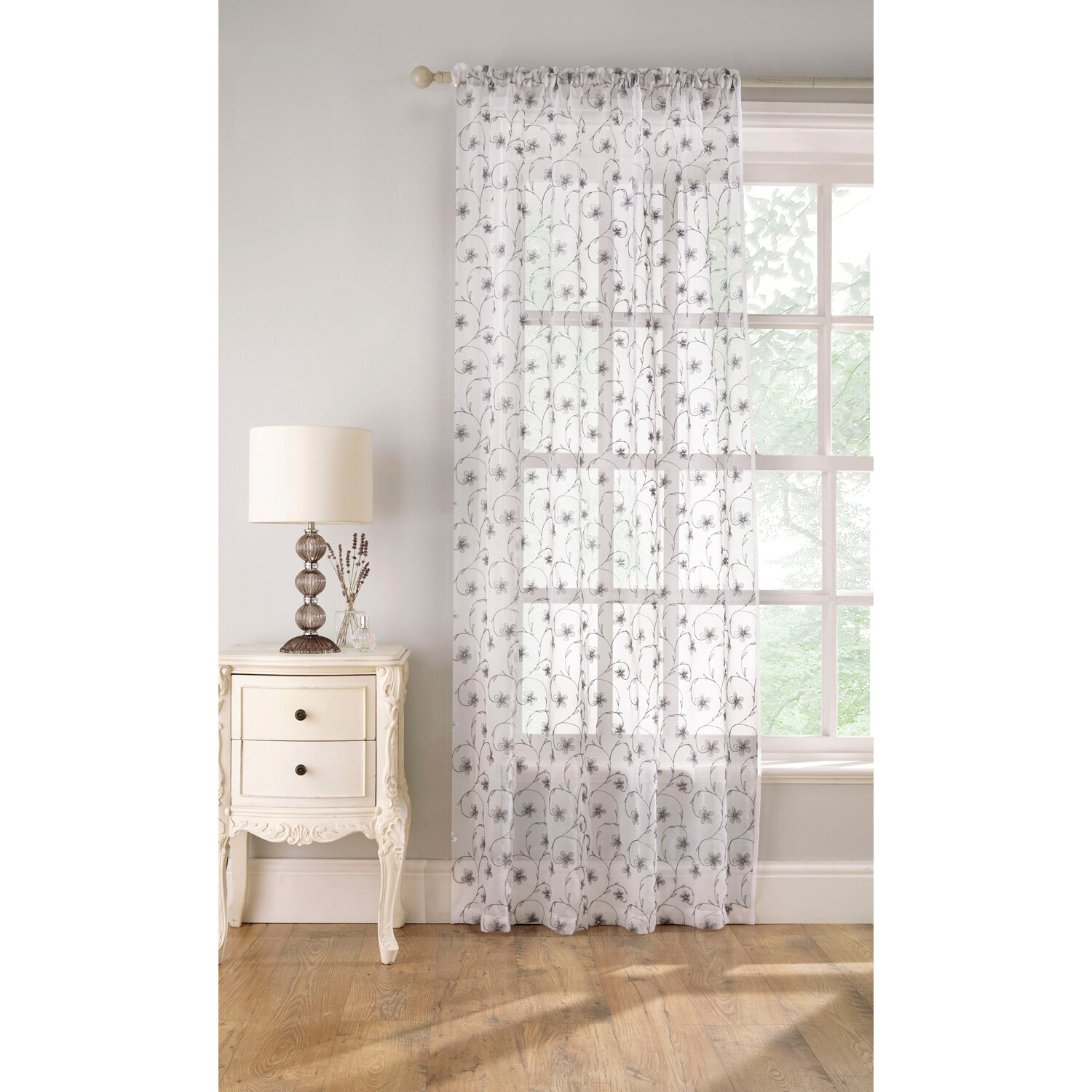 Belle Grey Embroidered Panel Voile Curtain 229cm Image 1