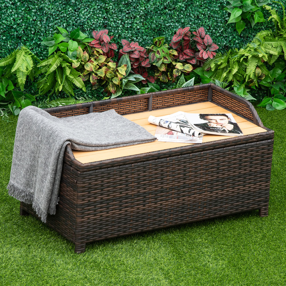 Outsunny 2 Seater Storage Bench with Brown Cushion Image 1