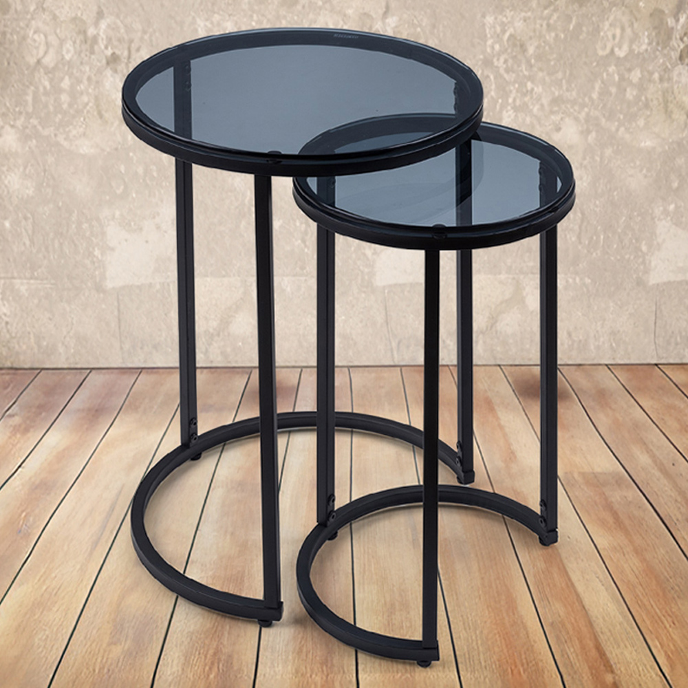 Julian Bowen Chicago Smoked Glass Round Nest of Side Tables Set of 2 Image 1
