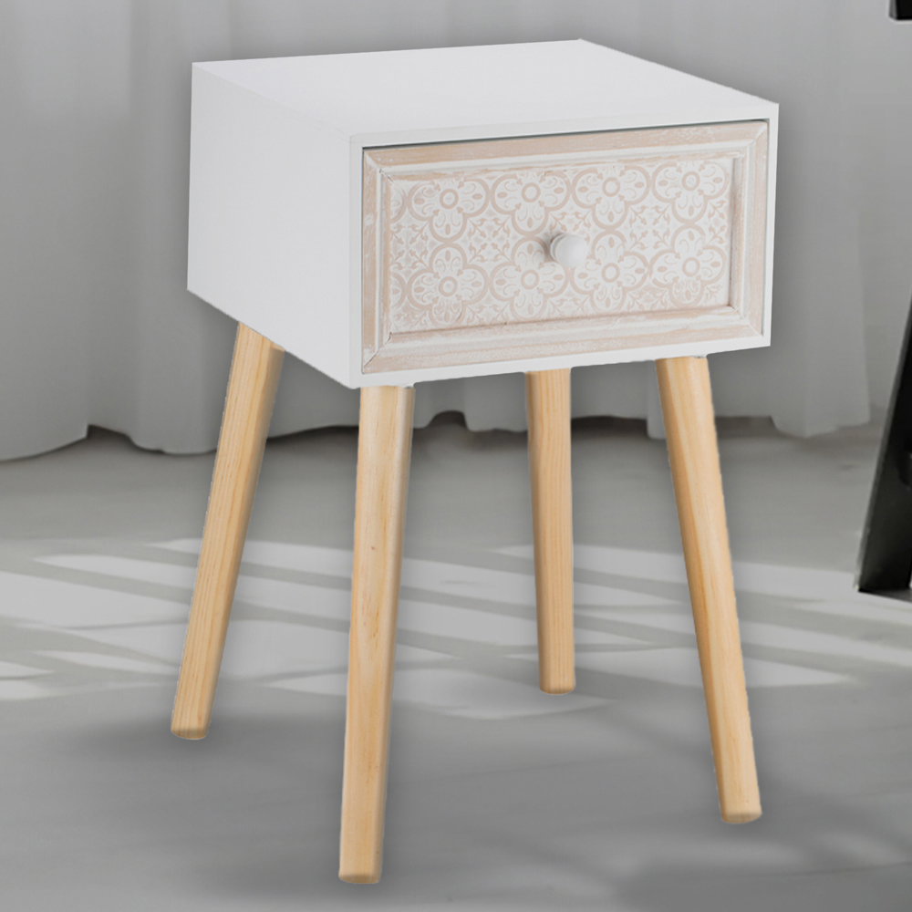 Floral Patterned Single Drawer White Small Side Table Image 1
