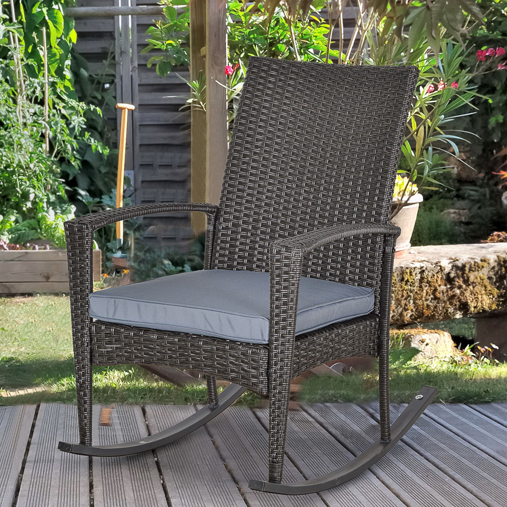 Outsunny Grey PE Rattan Rocking Chair with Cushion Image 1