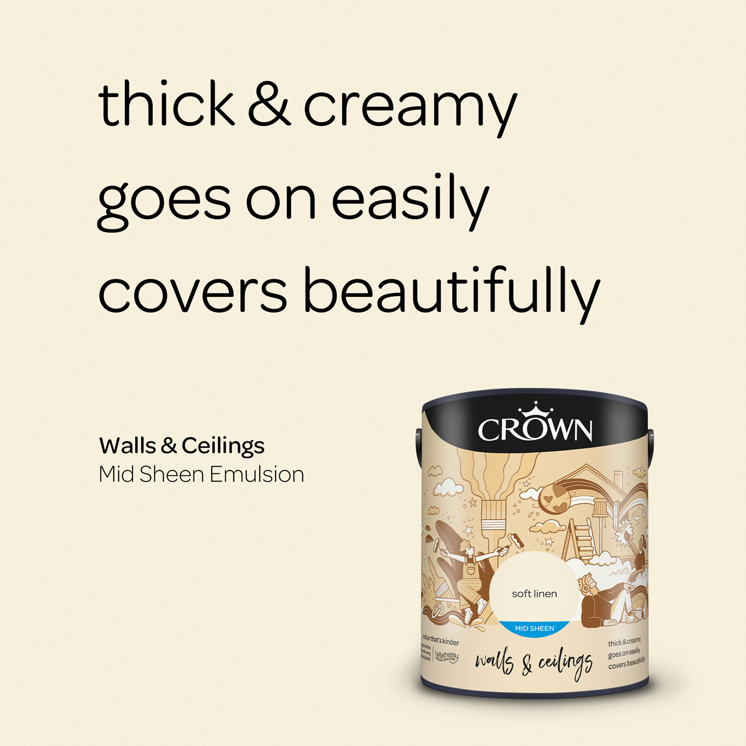 Crown Walls & Ceilings Soft Linen Mid Sheen Emulsion Paint 5L Image 8